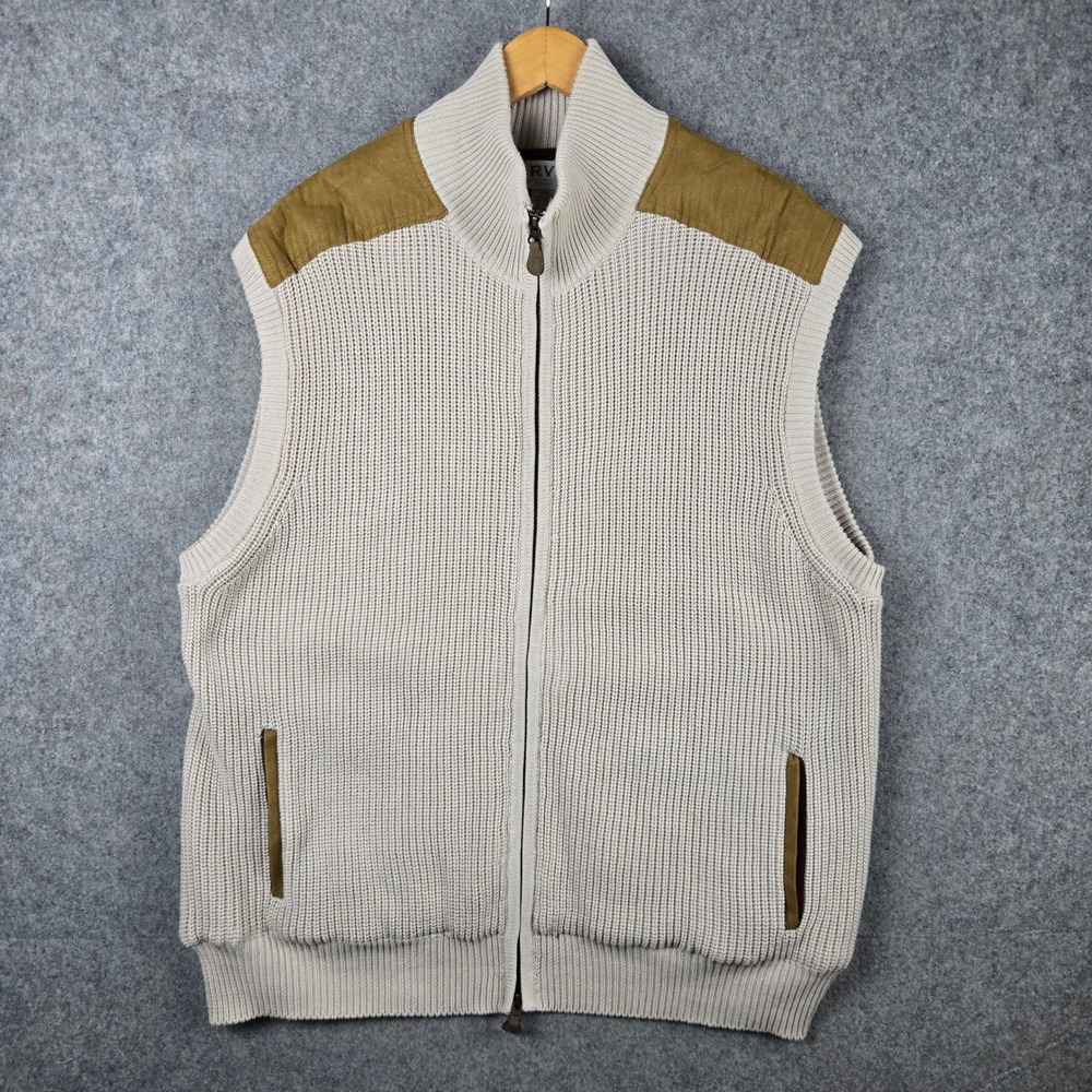 Orvis Full Zip Sweater Vest Mens XXL Beige Cotton Ribbed Knit Shooting Patches
